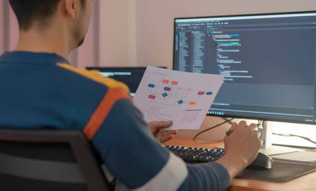 student analizira dijagram softverske logike dok radi na kodu u razvojnom okruženju