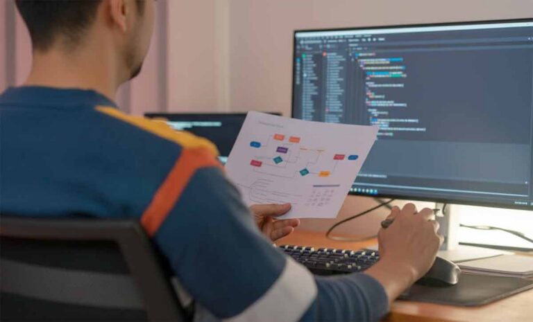 student analizira dijagram softverske logike dok radi na kodu u razvojnom okruženju