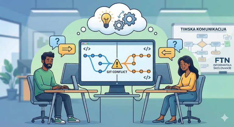 IT tim zajednički rešava Git konflikt kroz razgovor i saradnju